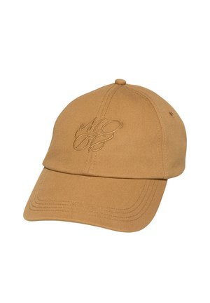 Brown baseball cap with a rounded crown, adjustable strap, and embroidered logo on the front. Made of cotton, featuring a smooth texture.