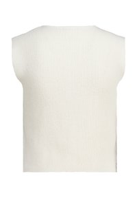 White sleeveless knit top with a ribbed texture, featuring a rounded neckline and straight hem. Simple and classic design.