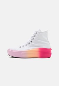 White high-top sneaker with silver eyelets and gradient sole fading from pink to peach on a white background.