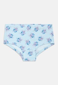 Svetlomodré chlapčenské nohavičky z mäkkej bavlny, s opakujúcim sa vzorom karikatúrnych postavičiek v ružových a modrých odtieňoch, s malými srdiečkami.