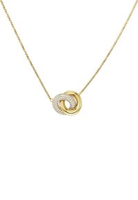 Goldkette mit einer strukturierten Kette und einem ineinandergreifenden, polierten Anhänger, der mit klaren, runden Edelsteinen verziert ist.