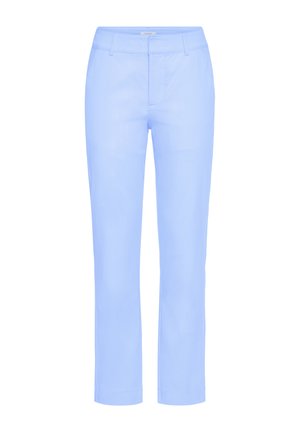 Lichtblauwe rechte broek met riemlussen, een ritssluiting aan de voorkant en knoopsluiting, getoond op een witte achtergrond.