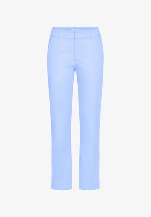 Světle modré kalhoty s rovnými nohavicemi, poutky na pásek, předním zipem a zapínáním na knoflík, zobrazené na bílém pozadí.