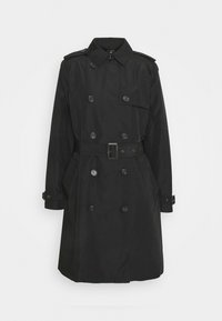 Černý trench coat vyrobený z hladké látky. Má dvouřadý design, ramenní epoletky a pás kolem pasu. Dlouhé rukávy s knoflíkovými manžetami.
