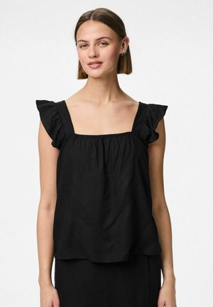 Top sans manches noir avec un décolleté carré, présentant des accents de volants sur les épaules, fabriqué en tissu léger et offrant une coupe décontractée.