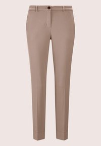 Slim-fit beige broek met een gladde textuur, voorzien van een bruine knop, zijzakken en een strakke, op maat gemaakte uitstraling.