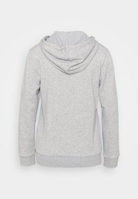 Šedá mikina s kapucí na stažení, dlouhými rukávy, žebrovanými manžetami a měkkým texturovaným materiálem. Žádné viditelné loga ani vzory. Pohled zezadu.