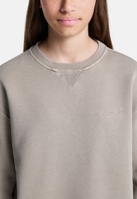 Beige sweatshirt met een gestructureerde afwerking, geribde halslijn en klein ton sur ton "element" logo op de voorkant. Rond model, casual stijl.