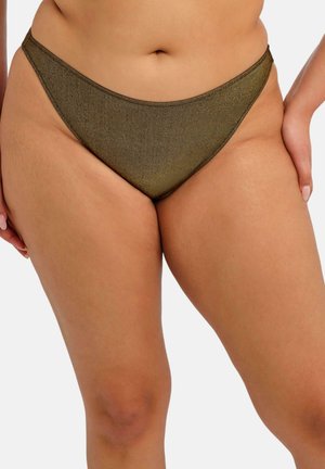 Olijfgroen bikinibroekje met een glanzende, gladde textuur. Heeft hoog uitgesneden pijpen en minimale zijkanten, met subtiele stikseldetails.