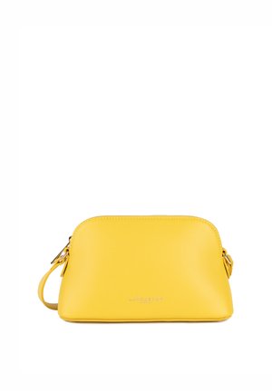 Borsa a tracolla gialla in pelle con zip, forma rotonda, finitura testurizzata e tracolla removibile. Nome del marchio impresso sul davanti.