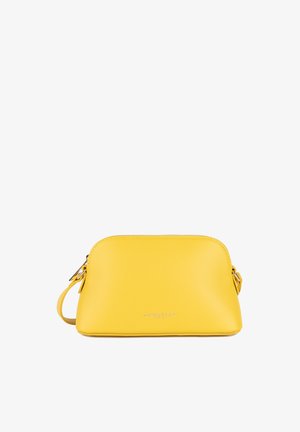 Borsa a tracolla gialla in pelle con zip, forma rotonda, finitura testurizzata e tracolla removibile. Nome del marchio impresso sul davanti.