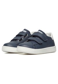 Sneakers in pelle blu navy con due fascette in Velcro, suola bianca, dettagli perforati sui lati e logo sulla linguetta.