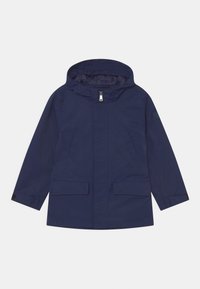 Marinblå huva jacka med en framtida dragkedja, två stora fickor och rak skärning. Slät textur med matt finish.
