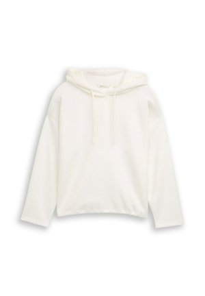 White hooded sweatshirt with long sleeves, made from a soft fabric. Features drawstrings and ribbed hem. No patterns or logos visible.
