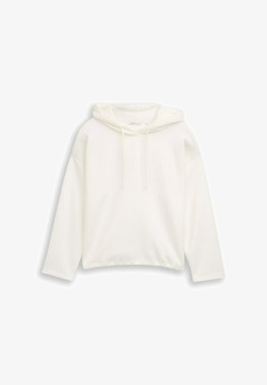 Witte capuchontrui met lange mouwen, gemaakt van een zachte stof. Voorzien van aantrekkoorden en een geribde zoom. Geen patronen of logo's zichtbaar.