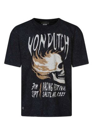 T-shirt noir Von Dutch avec un grand motif de crâne en flammes et le texte « 7th Sept Racing Festival Salt Lake 1929 » sur le devant.