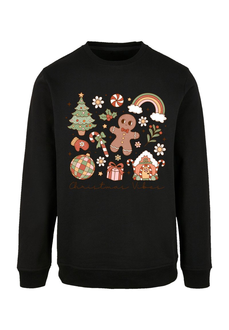 Sudadera negra con un gráfico colorido de temática navideña que incluye un árbol, un hombre de jengibre, caramelos y acentos festivos, etiquetado como "Vibras Navideñas".