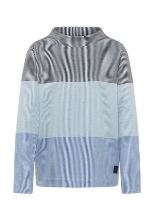 Długi top z długim rękawem w paski, z wysokim kołnierzem, z poziomymi pasami w ciemnoniebieskie, jasnoniebieskie i białe paski. Miękka faktura tkaniny.