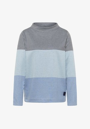 Haut à manches longues rayé avec un col montant, présentant des bandes horizontales en bleu foncé, bleu clair et blanc. Texture de tissu douce.