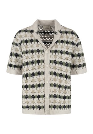 Korte mouwen, gebreid overhemd met knopen, met opengeweven patroon in beige, zwart en groen, voorzien van een kraag en een getextureerde gebreide stof.