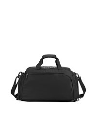 Borsa duffel nera realizzata in tessuto resistente, con manico superiore, tracolla regolabile e tasca frontale con zip. Texture liscia, forma rettangolare.