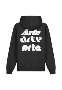 Schwarzer Hoodie mit weißem, abstraktem Textgrafik auf dem Rücken, der in fetten, stilisierten Blockbuchstaben "Arte Porta" lautet.