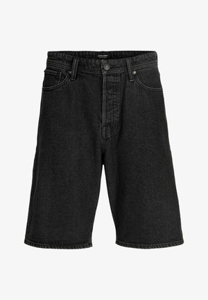 Svarte denimshorts med frontknapp og glidelås, beltehemper og sidelommer.