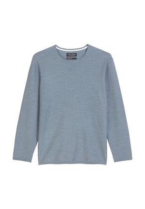 Lichtblauwe trui met lange mouwen, gemaakt van een gestructureerde jersey stof, met een ronde hals en een losse pasvorm. Label binnen in de hals.