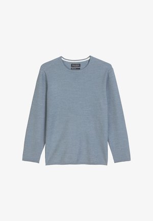 Lichtblauwe trui met lange mouwen, gemaakt van een gestructureerde jersey stof, met een ronde hals en een losse pasvorm. Label binnen in de hals.