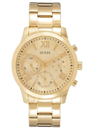 Goldfarbene Guess-Armbanduhr mit römischen Ziffern, drei Teilzifferblättern für 24 Stunden, Datum und Wochentage sowie einem verbundenen Metallarmband.