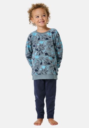 Langarm-Oberteil mit Dinosaurier-Muster in Hellgrau und Blau, kombiniert mit navyblauen Fleece-Hosen. Weicher Stoff mit gerippten Bündchen und elastischem Bund.