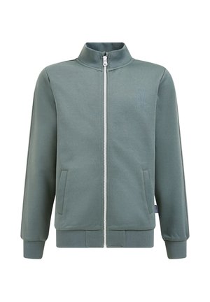 Grøn lynlåstrøje med høj krave, to forlommer, ribstrikkede ærmeafslutninger og kant, samt et diskret tonet logo på venstre bryst.