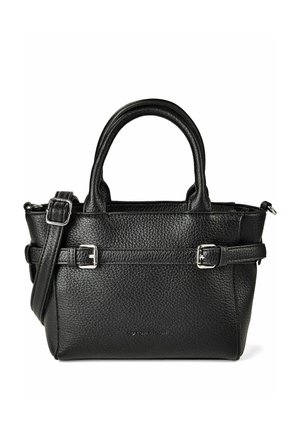 Sac à main en cuir noir texturé avec double anses, bandoulière réglable et détails en boucle argentée sur fond blanc.