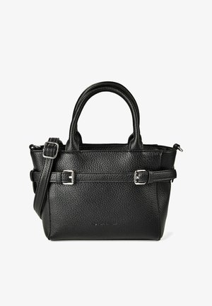 Black textured leather handbag with double handles, adjustable shoulder strap, and silver buckle details on a white background.