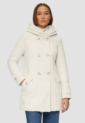 Cream-colored double-breasted coat with a large hood, two side pockets, and light-colored buttons; made of soft, textured fabric.