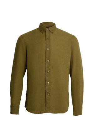 Olivgrünes langärmliges Hemd mit Knopfleiste, Knopfkragen und normalen Manschetten, auf weißem Hintergrund präsentiert.