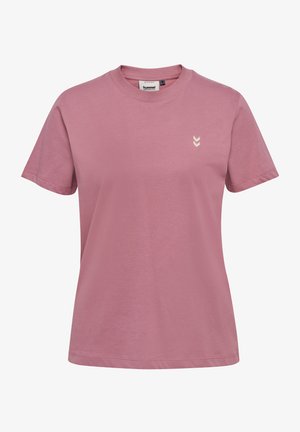 Rosa Kurzarm-T-Shirt aus Baumwolle, mit Rundhalsausschnitt und kleinem weißen Chevron-Logo auf der linken Brust. Sanfte Textur.