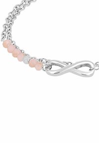 Braccialetto in argento con un centro a forma di simbolo dell'infinito, arricchito da perle pastello rosa e grigie disposte lungo la catena.