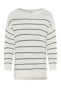 Haut à manches longues blanc avec des rayures horizontales noires, col bateau large et poignets côtelés. Matière tricot douce avec une coupe décontractée.