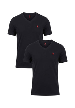 Two black V-neck short-sleeve T-shirts with small red embroidered horse logos on the left chest, shown side by side.
