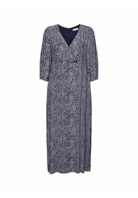 Námořnická modrá maxi šaty s vzorovaným designem, který zahrnuje bílé vlnovky, V- výstřih a tříčtvrteční rukávy. Zapínání na zip na zadní straně.