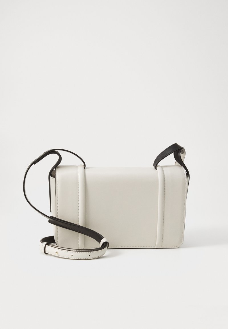 Rectangular crossbody bag in light gray faux leather with black accent straps. Features subtle stitched lines and a detachable strap with buckle.