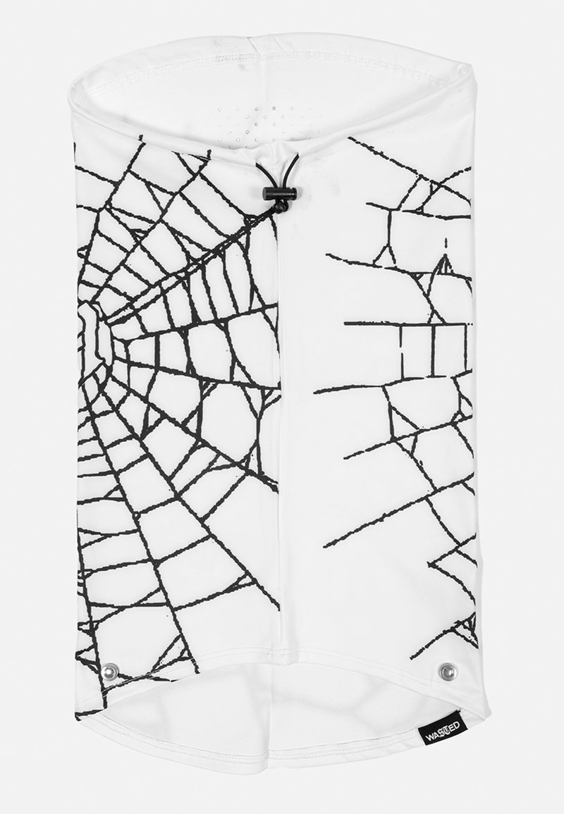 Gaiter blanco con un diseño de telaraña negra. Hecho de tela elástica con costuras reforzadas y un regulador de ajuste.