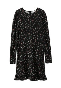 Mustat pitkähihainen mekko, jossa on punaisen ja vihreän sävyinen kukkakuosi sekä röyhelöhelma. Takana näkyy kiinnitysdetaili.