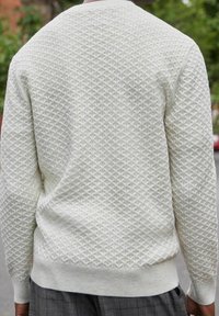 Pull blanc texturé avec un motif géométrique, col rond, et poignets et ourlet côtelés. Le matériau semble doux et tricoté.