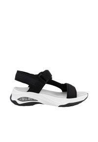 Sandales noires avec des sangles en tissu réglables, une semelle blanche rembourrée et une semelle extérieure noire texturée. Le design inclut une caractéristique de bulle d'air claire.