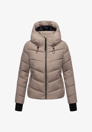 Beige dunjakke med hette, med glidelås foran, elastiske mansjetter og quiltet design. Nederste lommer med glidelåser. Slitesterk tekstur.