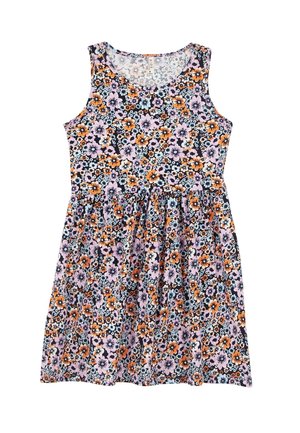 Ærmeløs børnekjole med indsnøring i taljen, med tæt blomsterprint i orange, lilla, hvid og sort.