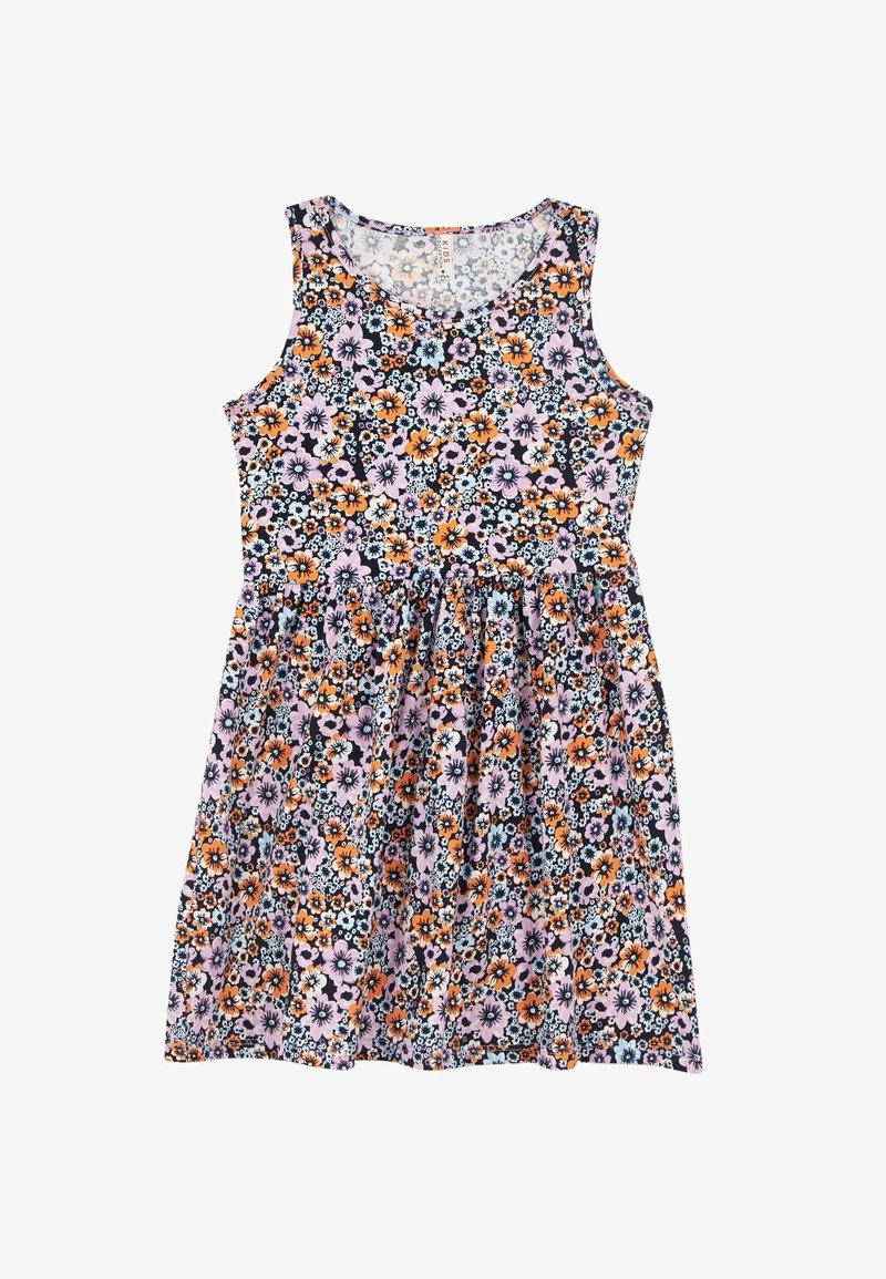 Robe enfant sans manches avec taille froncée, présentant un motif floral dense en orange, violet, blanc et noir.