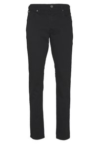 Jeans de mezclilla negra con un ajuste slim, diseño de cinco bolsillos, cierre de botón y cremallera, con una textura suave y corte recto.
